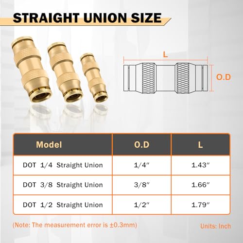 Image of CheeMuii 23 PCS Brass DOT Air Line Fittings Kit 1 /4 3 /8 1 /2 DOT Quick Connect Air Fittings Straight Union Push to Connect Air Hose Fittings for Semi Truck Trailers Air Brake System