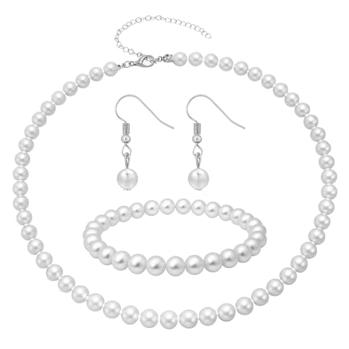 TIESOME Pearl Necklace Bracelet Earrings Set, Faux Pearl Jewelry Set Necklaces for Women White Costume Jewelry Accessories for Women Wedding Birthday Valentine Gifts(6mm)