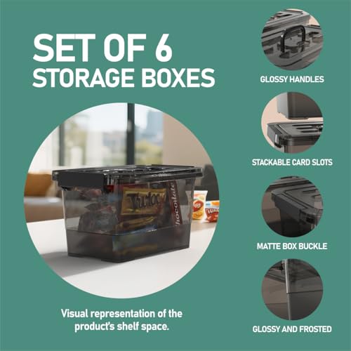 Image of 6 Pack Clear Black Plastic Storage Bins with Lids and Handles, Stackable Organizer Small Latch Boxes, Storage Containers for Organizing (4 Quart)
