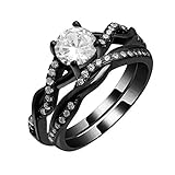 Ginger Lyne Collection Queena Bridal Wedding Ring Set for Women Black Over Sterling Silver Twist Vine Setting with 1 Carat Cubic Zirconia Engagement and Band Black Tie Series Jewelry