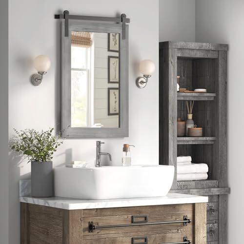 Image of COGOOD Farmhouse Bathroom Mirror - 42 x 29 Rustic Barn Door Style Mirror for Living Room, Entryway, Vanity Wall Decor (Grey)
