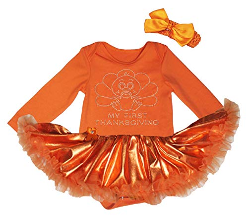 Petitebella Rhinestones Turkey My First Thanksgiving Baby Dress Nb-18m (Orange/Bling Orange(Long Sleeve), 0-3 Months)