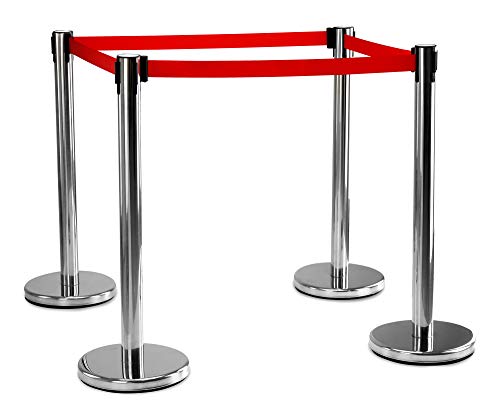 Stagecaptain PLS-200S Absperrständer Personenleitsystem 2 Paar (4 Stück Absperrpfosten, Hotel, Ausstellung, Flughafen, Vip, roter Teppich, Absperrband rot) silber