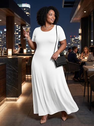 Image of SUZONANA Plus Size Maxi Dress for Curvy Women Summer Casual Sundress Short Sleeve Loose Vacation Dress