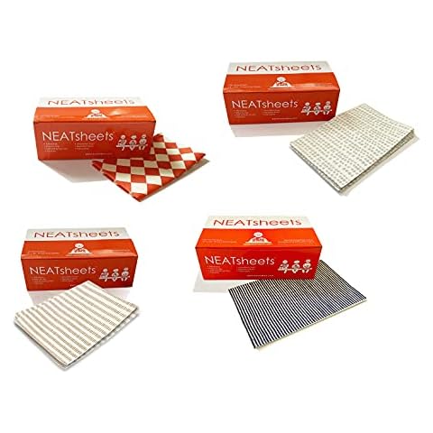 NEATsheets Disposable Adhesive Napkins Bundle for Adults & Kids | Blue Ticking, Cinnamon Stick, Grey Dot, and Red & White Diamond Patterns | 4 100-Count Boxes | Adhesive Tabs and Spill Absorbent Cover