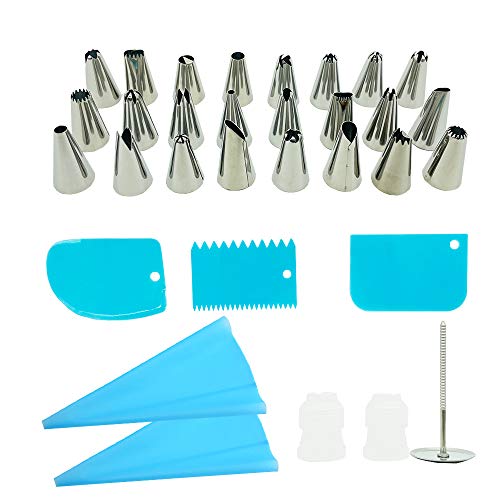Cake Decorating Icing Piping Pastry Bag Kit 32-Piece, 24 Icing Tips, 2 Reusable Couplers and Silicone Pastry Bags, 3 Icing Smoothers, 1 Flower Nails, Fast and Simple Cupcake Decorating Tool Set