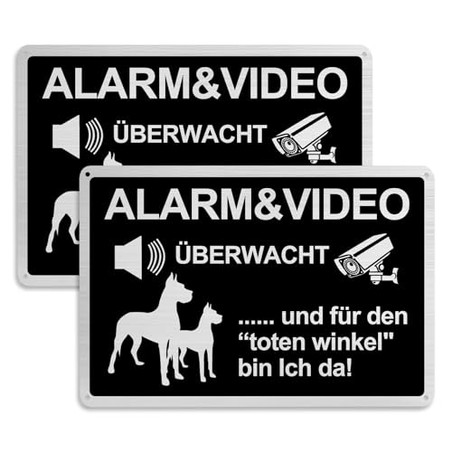 2 Stück Videoüberwachung Schild Set 20x30cm,Warnung vor dem Hunds Schilder Lustig Metall Alu Gebürstetes Videoüberwacht Schilder Achtung Hundschild Warnung vor dem Hund Schilders für Zuhause Outdoor