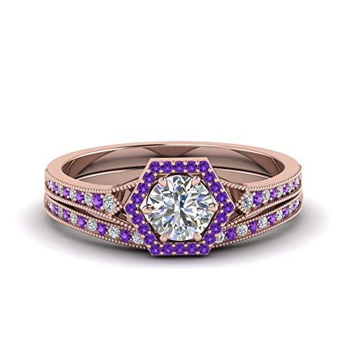 Image of Choose Your Gemstone Vintage Hexagon Halo Bridal Ring Set Rose Gold Plated Round Shape Wedding Ring Sets Matching Jewelry Wedding Jewelry Easy to Wear Gifts US Size 4 to 12