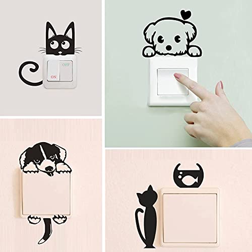 12 Stück Wandschalter Aufkleber, Katze Hund Lichtschalter Aufkleber Lustige Tier Wandtattoos für Schlafzimmer Wohnzimmer Schwarz