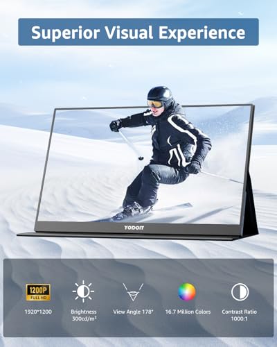 Image of Yodoit Portable Monitor for Laptop 1920x1200 16 inch FHD Screen IPS Display with USB Type C Port, Built-in Speakers and Smart Cover Compatible with PC, MacBook, Xbox (Black)