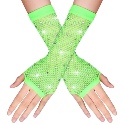 Yolev Long Rhinestone Fingerless Fishnet Gloves Steampunk Punk Fish Net Arm Sleeve 80s Costume Halloween for Women Girls (Fluorescent Green)