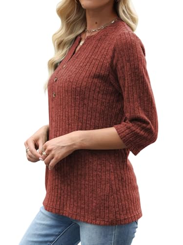 Womens Sweaters 3/4 Length Sleeve Tops Fall Fashion V Neck Pullover Casual Blouses Loose Sweatshirt Winter Clothes3