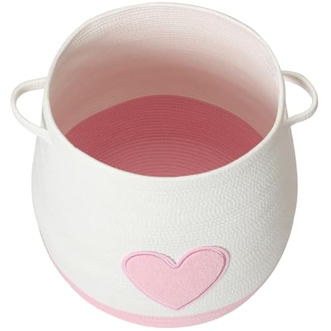 20 x 20 Extra Large Cotton Rope Storage Basket with Lid ¨C Flagon Design ¨C Perfect for Clothes, Blankets, and Living Room Organization (Pink Heart, 20x20)