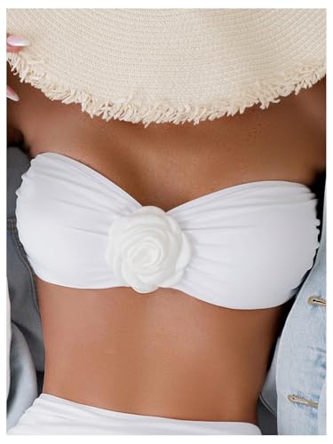 OYOANGLE Women's Floral Appliques Bikini Bandeau Tops Strapless Ruched Tube Top Swimwear3