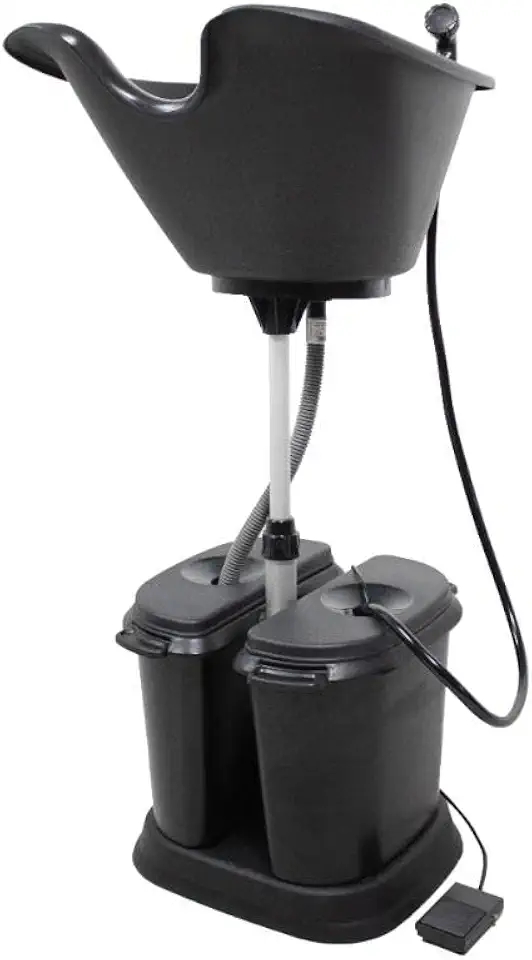 Lavatório Portátil Dompel Facile, Cuba Móvel 21L, Ducha, 2 Baldes 11L, Bomba Bivolt, Pedal, Altura Ajustável, Preto e Cinza