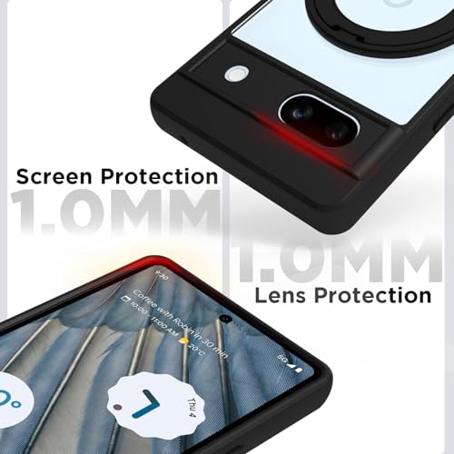 Image of RIGGEAR Shockproof Sleek Hybrid Armor 360 Rotating Magnetic Ring Stand Back Cover Case Compatible with MagSafe Accessories for Google Pixel 7A (Clear PC + Black TPU Bumper)