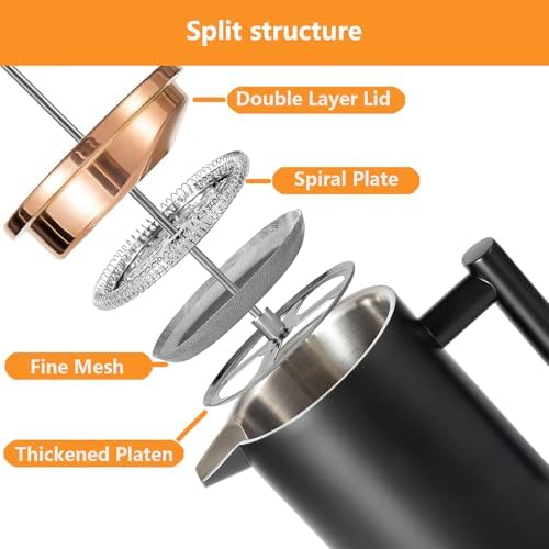 Meelio Small French Press Coffee Maker 350ml/12oz, Black Stainless Steel Double-Wall Insulated, Included 2 Extra Filters and 1 Coffee Spoon (1 Cup) — view 3