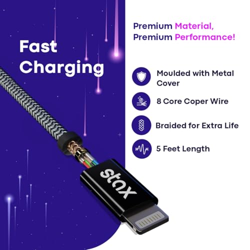 Image of STAX Charging Cable C to Lighting Type Fast Charging 28w | Extra Long | Auto Power Cut Off | Nylon Braided