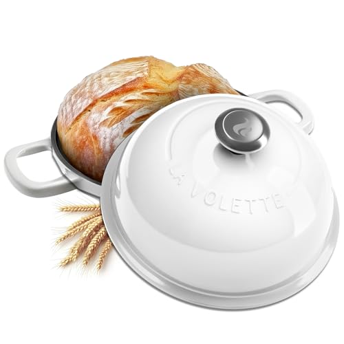 Enameled Cast Iron Bread Pan With Lid 9 Piece Complete Bread Baking Set | Dutch Oven for Bread Baking | 10 Inch Bread Oven with Lid | Thick Enamel | Silicone Baking Mat | Banneton | 6 Quart (white)