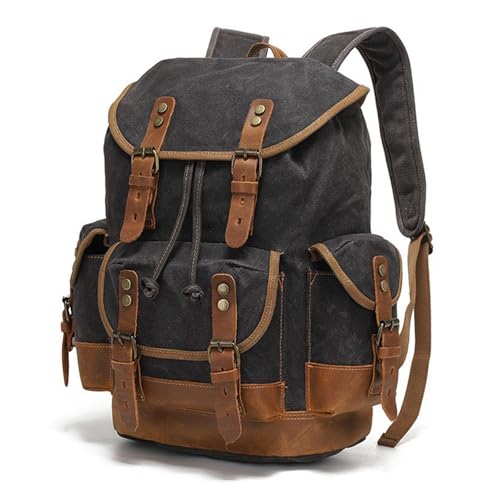 Vintage Canvas & Leather Backpack: Spacious Durable Rucksack for Men & Women, Travel, Hiking (Black with Yellowish Brown Leather)