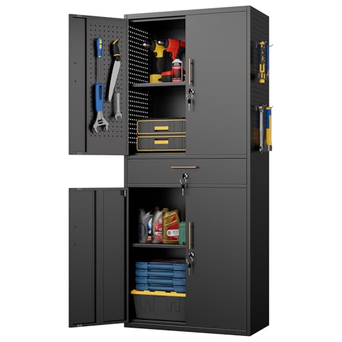 Aobabo Metall-Aufbewahrungsschrank mit 5 Stecktafeln und 2 Schubladen, 180 x 76 x 38 cm, abschließbarer Stahl-Werkzeugschrank für Garage, Lager, Montage erforderlich (W-1 Schublade, Schwarz)