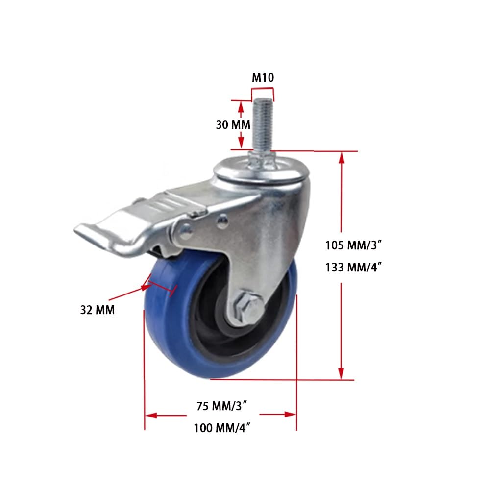 Set di 4 Ruote Stelo Filettato M10, Ruote in Gomma 3/4 Pollice, Ruote Silenziose Pivottanti con Freni per Mobiletti, Tavoli, Armadi(with Brake,3 inch)