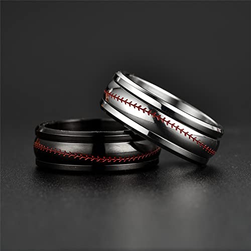 Image of Unisex 8mm Baseball Pattern Rotatable Fidget Ring | Stainless Steel, Simple Personality Domed Style, Cool Wedding Band, Sports Jewelry