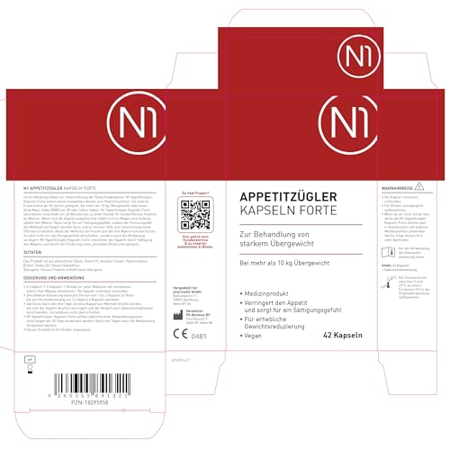 N1 Appetitzügler FORTE - Medizinprodukt zur Behandlung von starkem Übergewicht - Diät, Appetitzügler stark schnelles Abnehmen, Abnehmen Tabletten schnell, 42 Kapseln