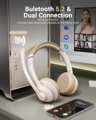 Image of JIAMQISHI Wireless Headset with AI Noise Cancelling Microphone Bluetooth Headset - Bluetooth V5.2 Headphones with USB Dongle & Mic Mute for Computer /Laptop /PC /iPhone /Android /Cell Phones (White)