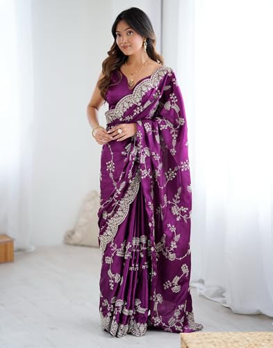Image of SIRIL Women's Satin Embroidery And Scalloped Border Saree With Unstitched Blouse Piece