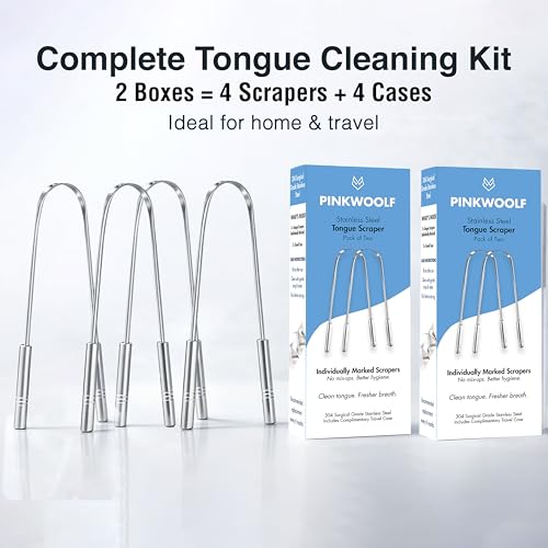 Image of Pink Woolf Stainless Steel Tongue Cleaner for Adults | Premium Tongue Scraper with Unique Identification Mark | Rust-Resistant Oral Care Tool | Pack of 2 with Travel Case (2 Tongue Cleaner Box)