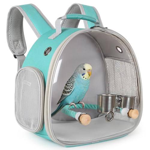 Image of Small Bird Travel Backpack Carrier Cage, Backpack to Transport Backpack Carrier with Clamp Cups Stand Perch for Parakeet Cockatiel Budgies Vet Carry Book Bag Green