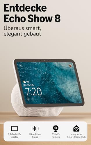 Amazon Echo Show 8 (neueste Generation), brillantes 8,7-Zoll-Display in HD-Aufl&ouml;sung mit raumf&uuml;llendem 3D-Audio und Alexa, Wei&szlig;