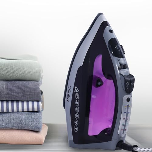 Clikon - Automatic Shut-Off Steam Iron, 8 minute on Vertical / 30 Seconds on Horizontal, Self Cleaning Function, Grey Color with Purple,Silver & Black Accents - CK4117