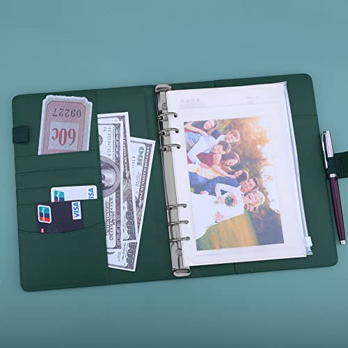 Image of Antner A5 Notebook Photocard Binder with 6 Ring Planner, PU Leather Refillable Budget Binder Loose Leaf Organizer Cover with Magnetic Buckle, Dark Green