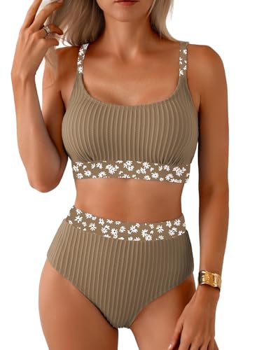 Image of Herseas Women's Textured Bikini Sets Floral Print Trim Scoop Neck Swimsuits High Waisted Bathing Suits