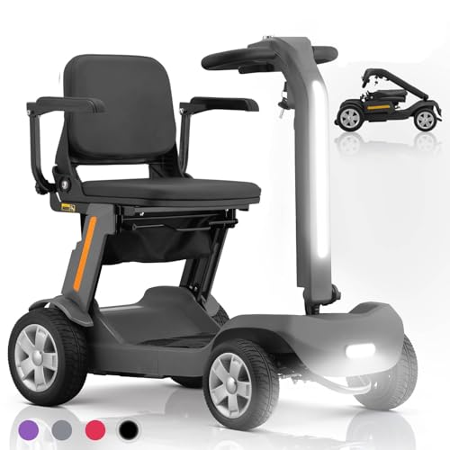 Image of Foldable Mobility Scooter for Adults & Senior, 4 Wheels Powered Device for Travel, Lightweight and Portable, with LED Strip Light, Storage Bag, Charger Included, No Assemble Required (Black)