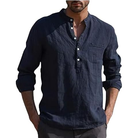Men's Linen Shirt with Stand Collar Cover