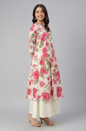 Image of Janasya Women's Pure Cotton Floral Printed Flared Kurta