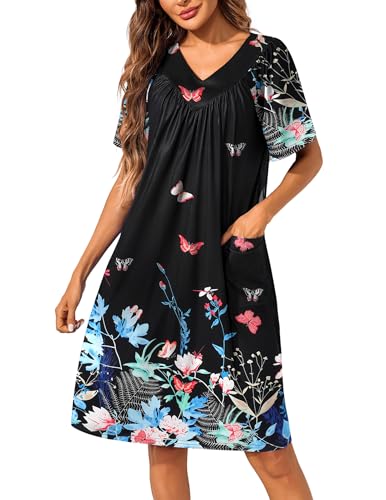 Image of Ekouaer Womens House Dress Floral Print Nightgown with Pockets Mumu Dress