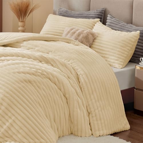 BEDELITE Fleece Queen Comforter Set -Super Soft & Warm Fluffy Beige Bedding, Luxury Fuzzy Heavy Bed Set for Winter with 2 Pillow Cases