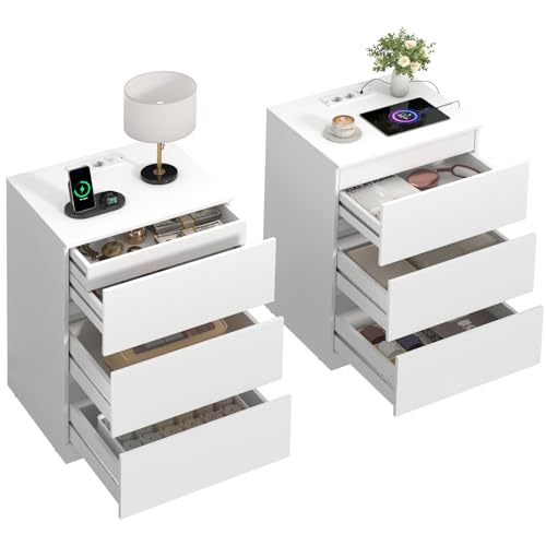 Asgolion Nachttisch 2er Set Beistelltisch mit Steckdosenleiste mit versteckter Schublade 2 AC-Steckdosen 1 USB-A-Anschluss 1 USB-C-Anschluss 4 Schubladen modern Weiß EU25NS662W