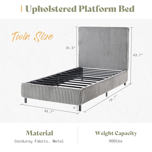 Image of AMERLIFE Twin Bed Frame, Grey | Upholstered, Metal Platform Bed