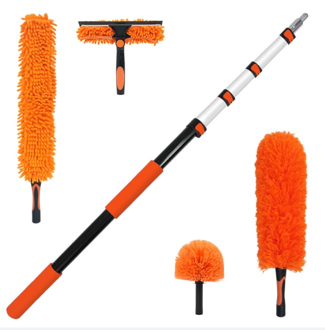 Cepillo telaraña telescópico con mango telescópico de 3,6 m, juego de plumero lavable, limpiador de ventanas, antiestático, para techo, lámparas, exteriores, ventiladores de techo