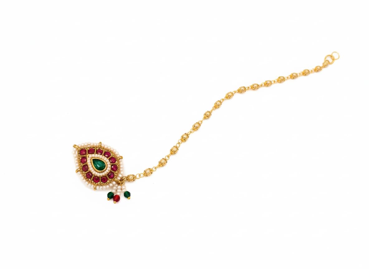 Traditional Gold-Plated Bridal Nose Chain with Pearl and Green Stone Design, Non-Piercing Clip-On Style, Ruby Red Accents-image-10
