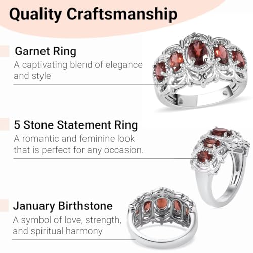 5 Stone Garnet Rings for Women in Platinum Plating - January Birthstone Promise Ring Engagement Rings for Women Vintage Fashion Gemstone Red Garnet Jewelry Birthday Gifts for Womens3