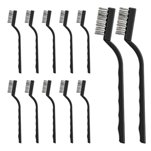 Small Wire Brush for Cleaning Rust - 12 Pcs Wire Brushs Set Plastic Handles - Mini Stainless Steel Wire Brush with Hanging Hole for Welding Slag, Metal Work, Rust, Greasy Dirt