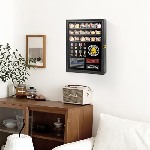 LIUYALO Medals Display Case Wall Frame for Collector, 7 Rows Large Military Challenge Coins Holder, Pins, Lockable Shadow Box with Removable Shelves Black-Large by LIUYALO - Image 6