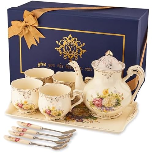 YOLIFE Porcelain Tea Set, Ivory Vintage Flowering Shrubs Teaset