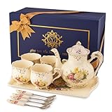 YOLIFE Flowering Shrubs Ivory Ceramic Tea Set,Porcelain Tea Cups Set,Tea Party Service Set for Adults